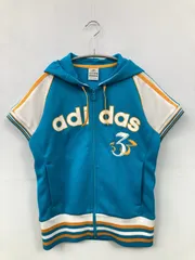 adidas アディダス パーカー M ブルー ジャージ 前面プリント ブランドロゴ ライン柄 ジップアップ 半袖