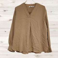 A1239 ユニクロ UNIQLO ブラウス 長袖(M) 茶 無地 Vネック