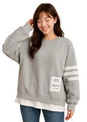 [ReiLuana] トレーナー スウェット レディース ゆったり オーバー サイズ 体型 カバー ビッグ シルエット 長袖 人気 可愛い お洒落 カジュアル 重ね着風 韓国 ファッション 秋 冬 無地 トップス 裏起毛 楽 [グレー] [Free Size]