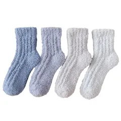 [FARFADET] もこもこ 靴下 レディース 暖かい 冬 厚手 防寒 ルームソックス あったか 可愛い ふわふわ 秋冬 無地 保温 22-26cm 女性用 くつ下 室内用 就寝 ソックス 裏起毛 モコモコソックス おしゃれ 4足セット 冷え対策 [ブルー]