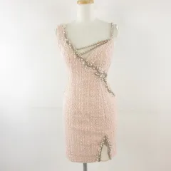 エンジェルアール AR ANGELR ワンピース ドレス ミニ ノースリーブ ツイード ビーズ ピンク M *T801