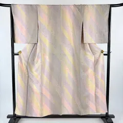 【美品】 小紋 身丈154.5cm 裄丈66cm M 単衣 斜縞 地紋 灰紫 正絹 秀品 【中古】