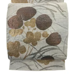 袋帯 秀品 関西仕立て 夏帯 紗 草花 芝 箔 灰色 六通 正絹 【中古】