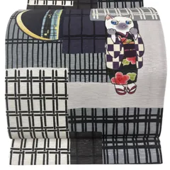 【美品】 袋名古屋帯 逸品 猫 格子 灰紫 正絹 【中古】