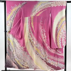【美品】 振袖 身丈153cm 裄丈65cm M 袷 桜 草花 絞り 銀通し ピンク 正絹 逸品 【中古】