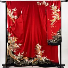 振袖 身丈162cm 裄丈67cm M 袷 桂由美 落款 御所車 桜 ラメ 金彩 赤 正絹 名品 【中古】