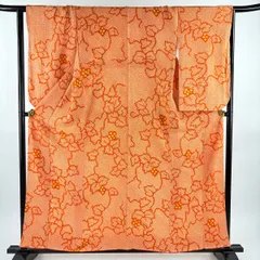 【美品】 小紋 身丈156cm 裄丈65cm M 袷 草花 総絞り オレンジ 正絹 秀品 【中古】