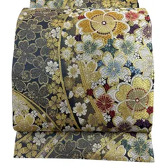 【美品】 袋帯 秀品 振袖向き 桜 桜の花びら 金糸 箔 黒灰 六通 正絹 【中古】