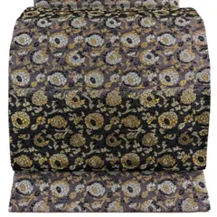 袋帯 名品 花唐草 段縞 金銀糸 箔 灰紫 六通 正絹 【中古】