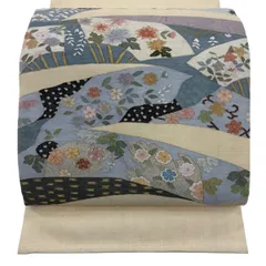 【美品】 袋帯 逸品 扇 草花 金糸 クリーム お太鼓柄 正絹 【中古】