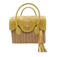 美品 グレースコンチネンタル Carving Tribes カービング トライブス かごバッグ レザー バスケット イエロー レディース 【中古】