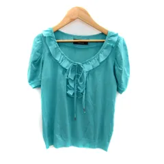 ボディドレッシングデラックス BODY DRESSING Deluxe ニット カットソー 半袖 スリットネック 無地 フリル リボン 38 エメラルドグリーン /SY25のサムネイル