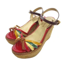 プラダ PRADA サンダル 35.5 ゴールドカラー 金色 赤 レッド ウェッジソール パテント リボン /FF