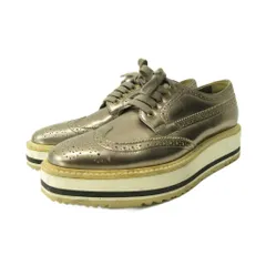 プラダ PRADA レザーシューズ ウイングチップ プラットフォーム 厚底 メタリック調 レザー 37.5 24.5cm ゴールドカラー 0209 ■MNK5