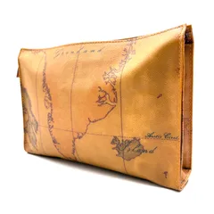 【美品】PRIMA CLASSE プリマクラッセ 地図柄 クラッチバッグ セカンドバッグ レトロ ユニセックス ブラウン