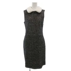 アニエスベー agnes b. 2WAY ワンピース ひざ丈 ノースリーブ 2 黒 ブラック 白 ホワイト ツイード ファーカラー /JS ■GY14