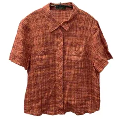 レリアン Leilian 美品 シャツ 半袖 チェック柄 麻 リネン 大きいサイズ 13+ XXL オレンジ KS-1101976