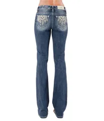 ミスミー レディース ボトムス デニムパンツ ブーツカット ブーツ ジーンズ Miss Me Mid Rise Embellished Dreamcatcher Back Pocket Bootcut Jeans Dark Blue ブルー