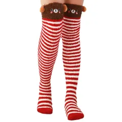 [ReiLuana] ロング ソックス ぽかぽか アニマル 保温 防寒 レディース 靴下 冷え性 対策 あったか ルーム (JP, アルファベット, Free Size, 赤ボーダーくまさん) [赤ボーダーくまさん] [Free Size]