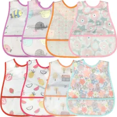 【新着商品】食事用エプロン 防水よだれかけ ベビー 子供 スーパー ビブ ソフトスタイ 離乳食エプロン 子供食事用スタイ サイズ調整可能 汚いにくい 袖なし ポケット付き 防水 軽量 名前入 保育園用8枚 女の赤ちゃん