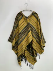 ポンチョ イエロー ストライプ柄 フリンジ フードあり
