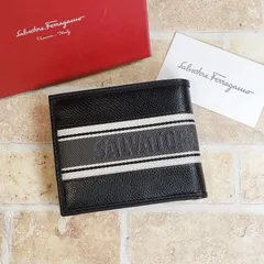 未使用 フェラガモ ☆ レザー コンビ ラインロゴ 二折財布 イタリア製 財布 黒 ブラック Salvatore Ferragamo