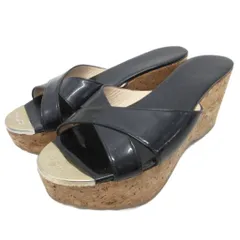 ジミーチュウ JIMMY CHOO パテントレザーウェッジサンダル ミュール ロゴ金具 35 22cm 黒 ブラック ベージュ