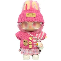 【新品】 17cm用 ラブブ 対応 服 labubu 着せ替え らぶぶ ラブぶ人形 ぬいぐるみ用 1代目 2代目 3代目 人形の服 かわいい トレンド コスチューム 着せ替え 人形ベビー服 (プリーツスカート6点セット - ピンク) 1