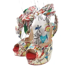クリスチャンルブタン Christian louboutin パンプス スカーフ オープントゥ ピンヒール ハイヒール 総柄 パテントレザー 35 22cm アイボリー マルチカラー ■IBO90