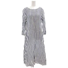 サニークラウズ Sunny Clouds リネンワンピース ロング 七分袖 M ストライプ 紺 ネイビー 白 ホワイト /GV ■YHS13