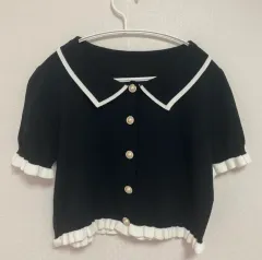 (新品) バイカラー KARA パール ゴールド POINT フリル 夏 ニット カーディガン 半袖