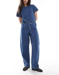 エイソス レディース ボトムス カジュアルパンツ デニム ジーンズ ASOS DESIGN lightweight barrel leg denim jeans Mid wash blue ブルー