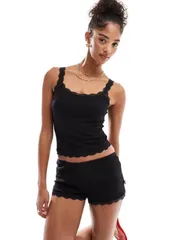 コットンオン レディース ボトムス ハーフパンツ・ショーツ ショートパンツ コットン レース CottonOn Cotton On waffle lace edge boy shorts part of a set Black ブラック