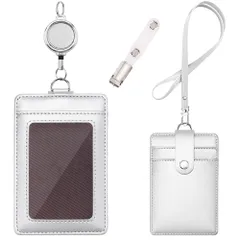 特別価格　横型&縦型 IDカードケース 厳選牛革 社員証 レザー オシャレ - 定期入れ ネームホルダー 両面用 IDカードホルダー 名札 パスケース 胸ポケットクリップ&伸縮リール式 本革 クリップストラップ付き (縦型パールシルバー)