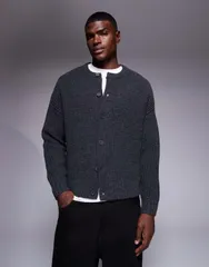 エイソス メンズ アウター カーディガン クルーネック ニット ASOS DESIGN oversized boxy fit heavyweight knit crew neck cardigan in charcoal heather Charcoal ma