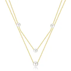 【新品】 [Rockyu Allure] ネックレス レディース パール風 ダブルチェーン ステンレス製 ゴールド＆シルバー 重ね付け 2連ネックレス 清楚 上品 アクセサリー 普段使い 誕生日プレゼント (ゴールド) 1
