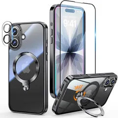 【新品】 【三重保護セット！上品なメタリック光沢】OYR iPhone 17用クリア ケース Magsafe 対応[360°回転CD スタンド・10 万回開閉テスト][メッキバンパー・iPhone専属色][カメラ保護とガラスフィルム付き]ストラップホール付 0