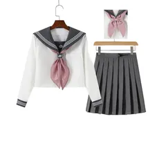 新品 [山水集] セーラー服 ピンク 黒 紺色 コスプレ 仮装 女子高生 高校生 学生服 ミニスカート 大きいサイズ 本格制服 学院風 刺繍 グレー 入学式 三本 (L グレー 長袖)のサムネイル