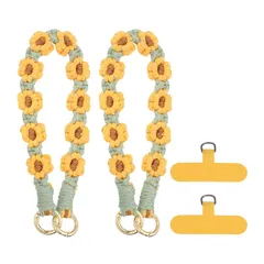 【新品】 [uxcell] 2個セット スマホリストストラップ 編み込みフラワーデザインの携帯用ストラップ ハンズフリーキーホルダー付リストレット（女性向け） オレンジ/茶色/緑