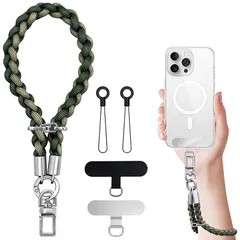 【新品】 多機能 スマホストラップ 手首 ハンドストラップ 携帯ストラップ リストストラップ 可愛い ラップ1本+タグパッチ1枚 おしゃれ アウトドア 落下防止 軽量 iPhone/Android対応 全機種対応（ダークグリーン）