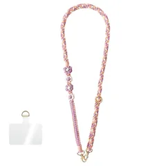 【新品】 [fiangter] ネックストラップ スマホショルダー スマホストラップ 長さ調整可 肩掛け/斜め掛け/首掛け 手編み 綿ロープ 花モチーフ可愛いデザイン レディース ギフトに最適 (パープル×ピンク+スマホ ストラップホルダー)