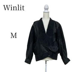 Winlit 本革 レザージャケット M 黒 ブラック 80s ヴィンテージ ビンテージ 異素材 タフタ 切り替え 総柄 襟付き ブルゾン 革ジャン ジャンパー アウター 上着 レディース 希少 レトロ 古着 y2k モード カジュアル 送料無料