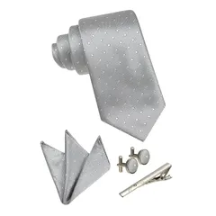 【新品】 [back under] ネクタイ 4点 チーフ セット 結婚式 シルバー メンズ ネクタイセット グレー タイピン ポケットチーフ カフス ボタン ギフト箱付(ドット) 0