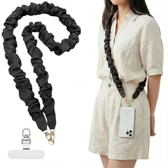 【新品】 [Azixcos] スマホショルダーストラップ斜めがけ 首掛け 肩掛け シュシュ 女性 可愛い フリル軽量 柔らかいスマホストラップ バック肩紐 IDカード 社員証ホルダー携帯ストラップ 多機能 対応アクセサリー (ブラック) 1