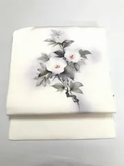 【中古】 名古屋帯 化繊 白地に枝花模様 九寸 お太鼓柄 