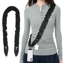 【新品】 [UriCase] スマホショルダー 斜めがけ/首掛け/肩掛け 太め スマホストラップ 長さ調節可能 ストラップ 1本+ストラップホルダー くしゅくしゅ 携帯ストラップ ショルダーベルト可愛い おしゃれ（ブラック） 0