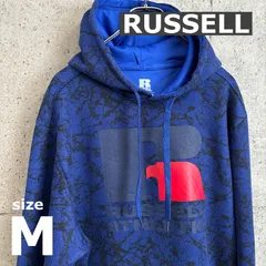 【USED】US 古着 RUSSELL ATHLETIC パーカー M ネイビー ブルー 総柄 ビッグロゴ ラッセル フーディー ストリート スポーツ メンズ プルオーバー 裏起毛 スポーツMIX 90sテイスト ビッグロゴ アメリカ古着 USA古着 アメカジ