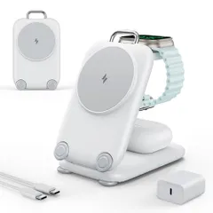 ◆3in1 ワイヤレス充電器 MagSafe充電器 折りたたみ式 3in1充電器 【20W USB-C充電器＋1.5mケーブル付き】 iPhone/Apple Watch/AirPods対応 3台同時充電 角度調整可能 マグネット式 旅行用・自宅用 iWatc
