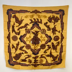 HERMES（エルメス）　LES PARURES DU VENT　風の装い　カレ90　シルク　スカーフ　イエロー×ブラウン