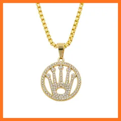 【新品】 [Rockyu] ネックレス メンズ クラウンペンダント ゴールド クリスタル ステンレス製 76cm ロングチェーン ヒップホップ スタイル 0